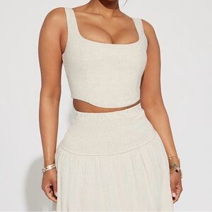 Beige linen, square neck top.